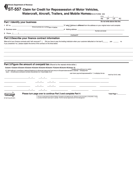 Fillable Form St-557 - Claim For Credit For Repossession Of Motor Vehicles, Watercraft, Aircraft, Trailers, And Mobile Homes Printable pdf