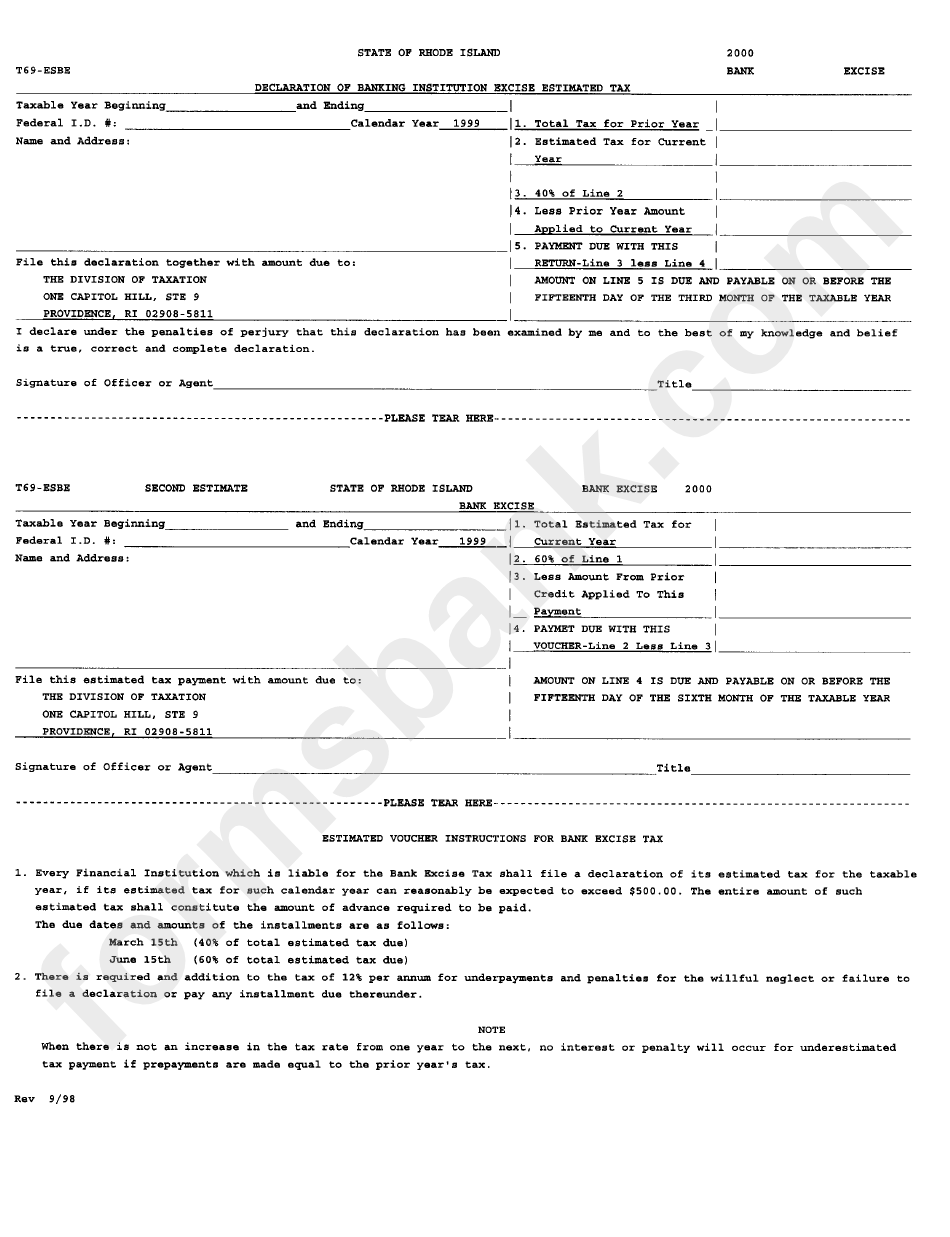 Form T69-Esbe - Declaration Of Banking Institution Excise Estimated Tax - 1999