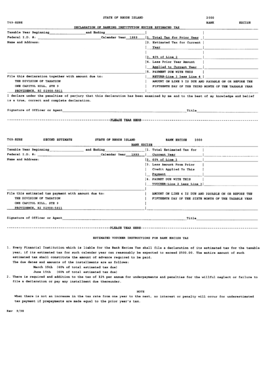 Fillable Form T69-Esbe - Declaration Of Banking Institution Excise Estimated Tax - 1999 Printable pdf