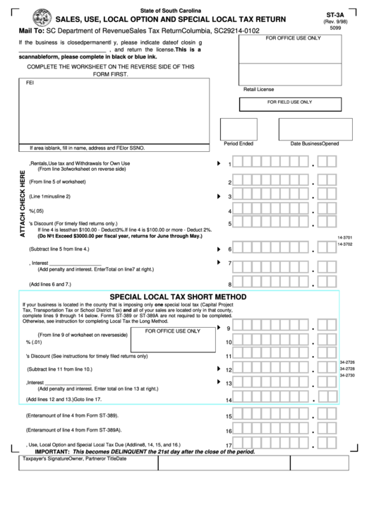 Fillable Form St-3a - Sales, Use, Local Option And Special Local Tax Return - 1998 Printable pdf