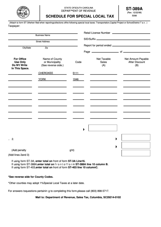 Fillable Form St-389a - Schedule For Special Local Tax Printable pdf