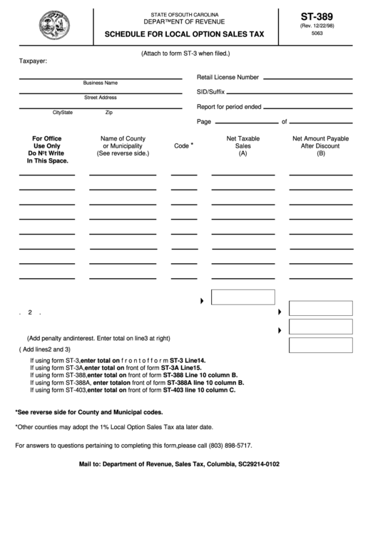 Fillable Form St-389 - Schedule For Local Option Sales Tax Printable pdf