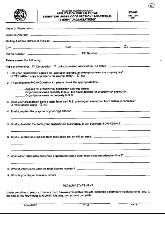 Fillable Form St-387 - Application For Sales Tax Exemption Under Code Section 12-36-2120(41) - Exempt Organizations Printable pdf