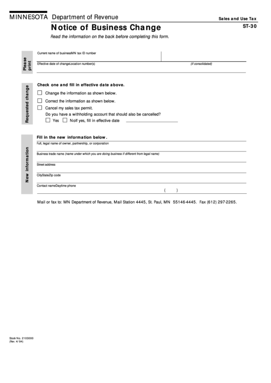 Fillable Form St-30- Notice Of Business Change - Minnesota Department Of Revenue Printable pdf