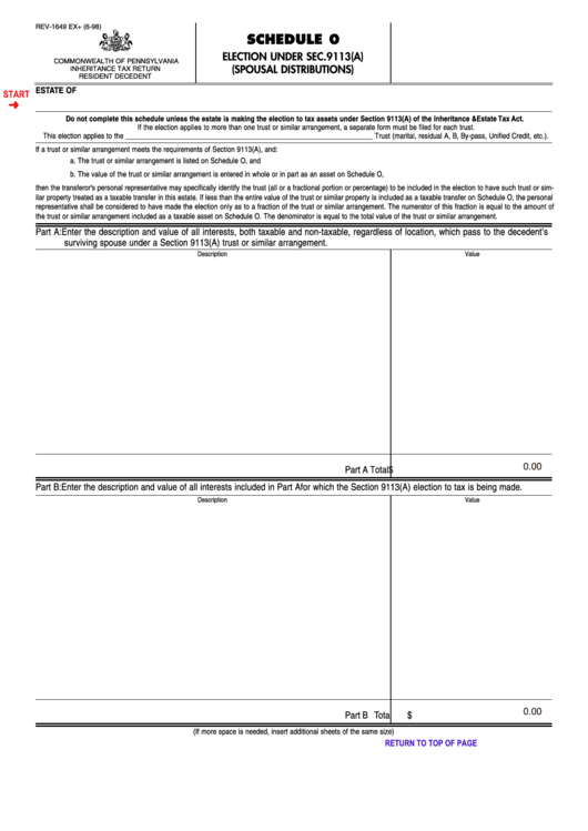 Fillable Form Rev-1649 Ex+ Schedule 0 - Election Under Sec.9113(A) (Spousal Distributions) Printable pdf