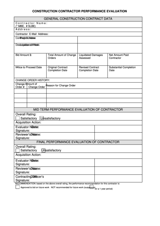 Construction Contractor Performance Evaluation Form Printable pdf