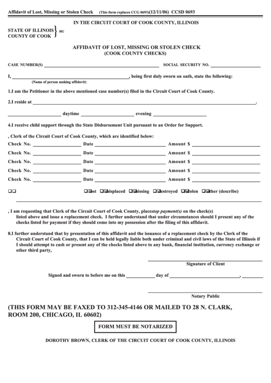 Fillable Form Ccsd 0693 - Affidavit Of Lost, Missing Or Stolen Check Printable pdf
