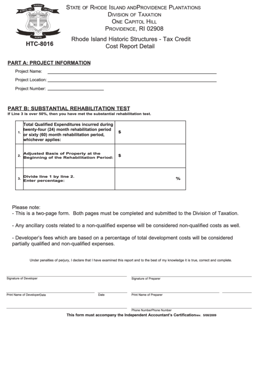 Form Htc-8016 - Rhode Island Historic Structures - Tax Credit Cost Report Detail Printable pdf