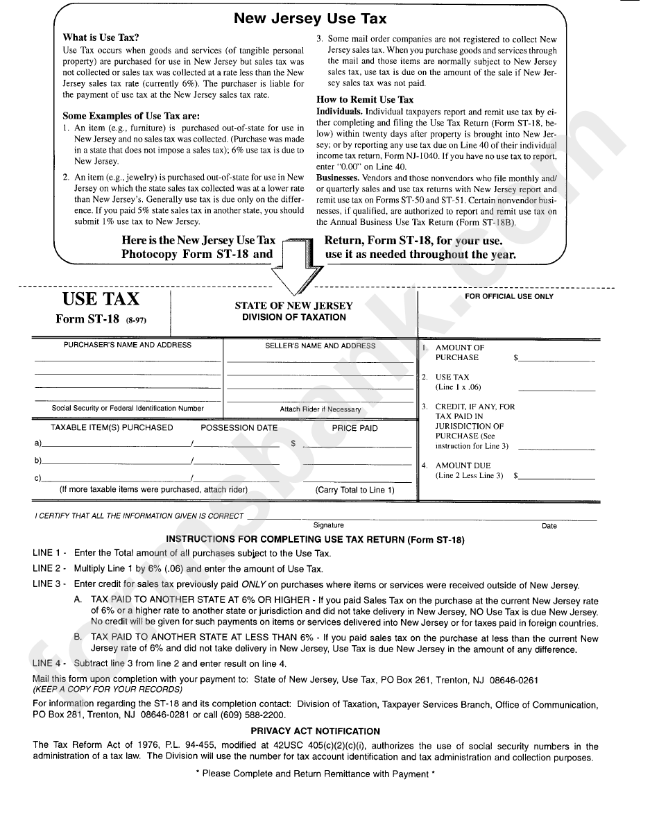 Form St-18 - Use Tax Form - New Jersey Division Of Taxation