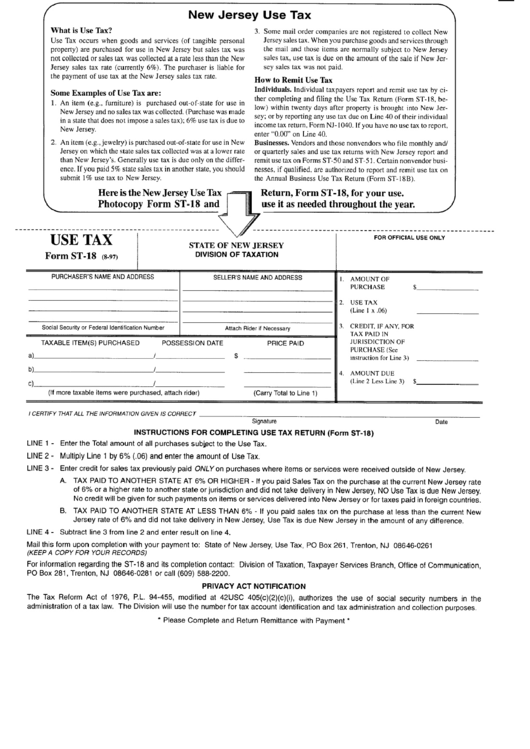 Fillable Form St-18 - Use Tax Form - New Jersey Division Of Taxation Printable pdf