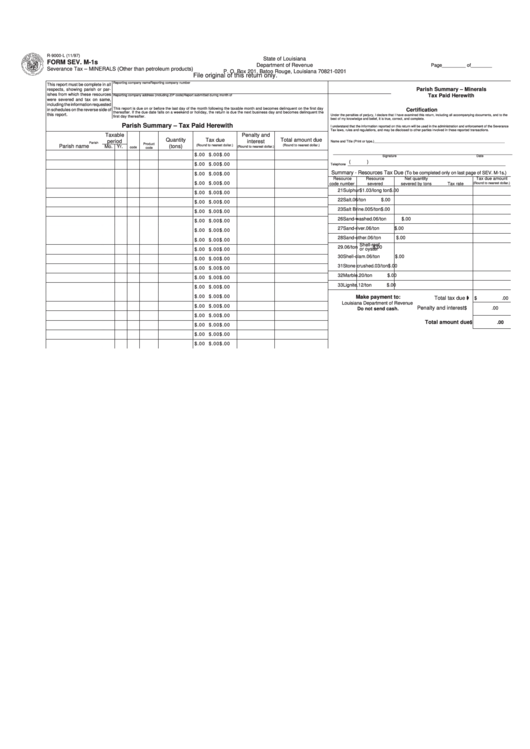 Fillable Form Sev. M-1s - Severance Tax For Minterals - Louisiana Department Of Revenue - 1997 Printable pdf