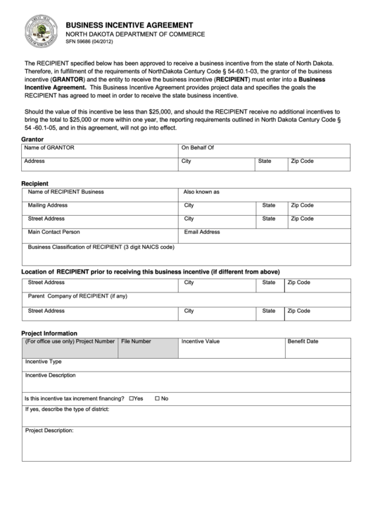Fillable Form Sfn 59686 - Business Incentive Agreement - North Dakota Department Of Commerce Printable pdf