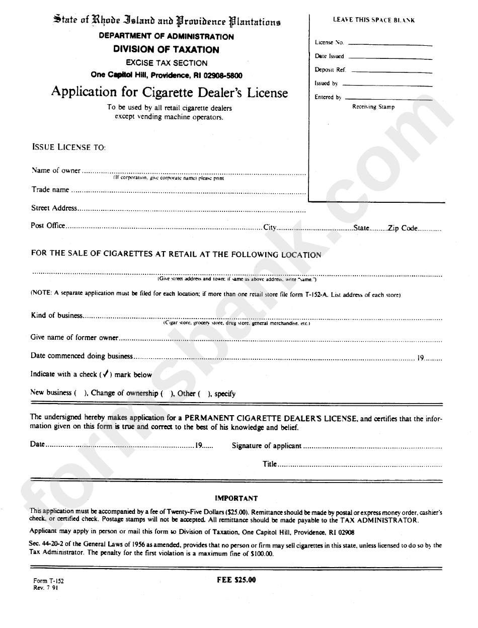 Form T-152 - Application For Cigarette Dealer