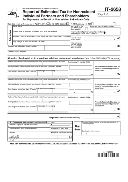 Fillable Form It-2658 - Report Of Estimated Tax For Nonresident Individual Partners And Shareholders - 2012 Printable pdf