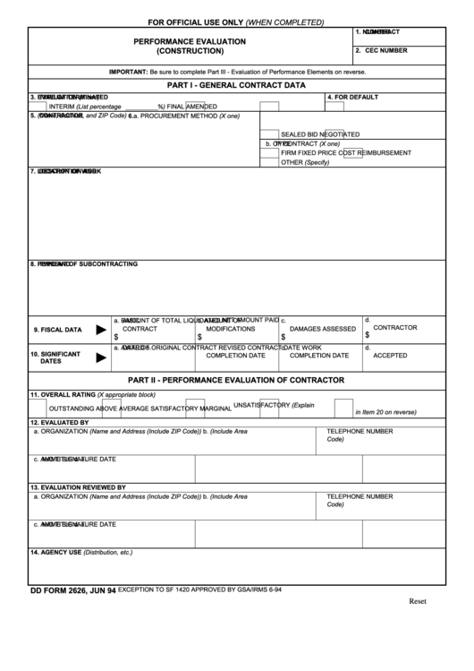 Fillable Dd Form 2626 - Performance Evaluation (Construction) Printable pdf