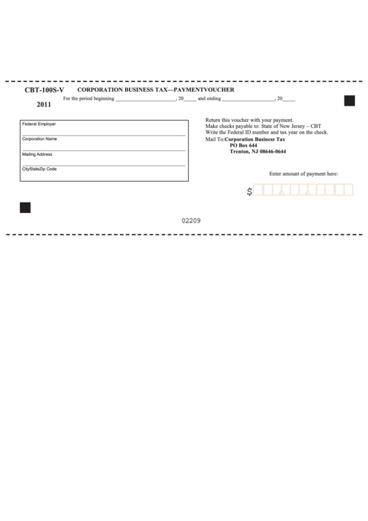 Fillable Form Cbt-100s-V - Corporation Business Tax-Payment Voucher - 2011 Printable pdf