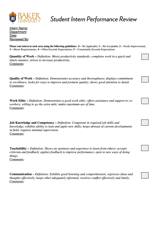 Student Intern Performance Review Printable pdf