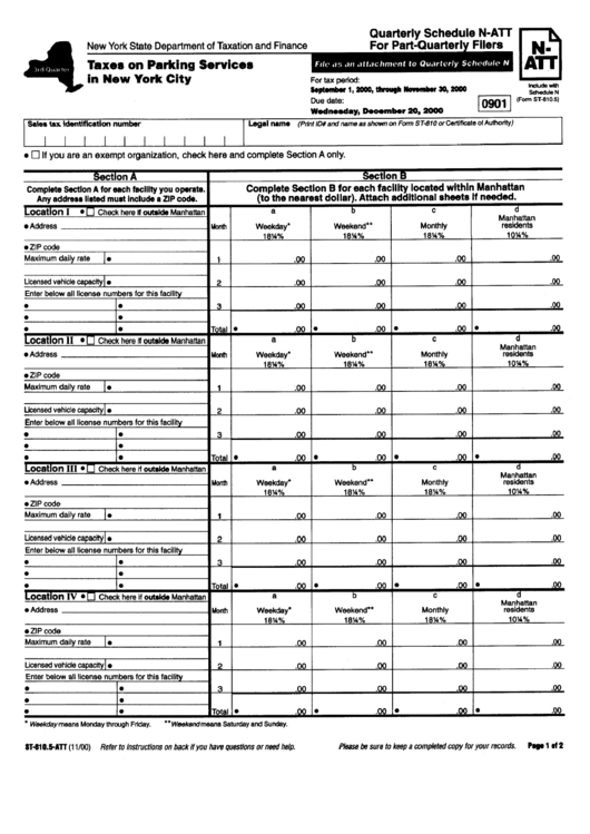 Form St-810.5-Att - Quarterly Schedule N-Att For Part-Quarterly Filers - Taxes On Parking Services In New York City Printable pdf