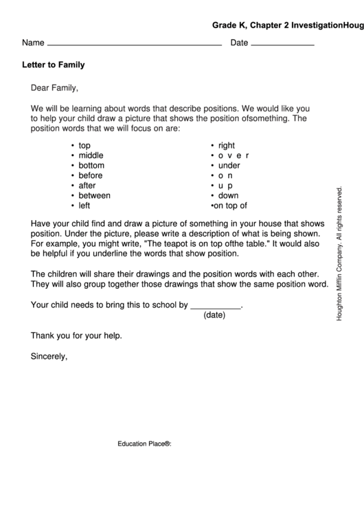 Letter To Family - Positional Words Printable pdf