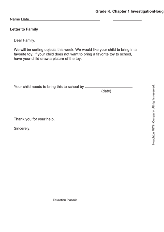 Letter To Family - Favourite Toy Printable pdf