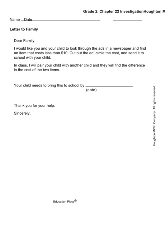 Letter To Family - Finding Ads Printable pdf