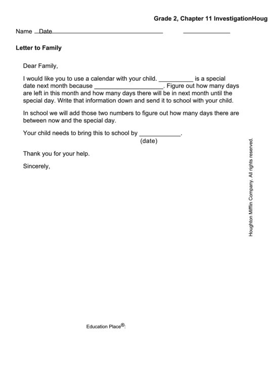 Letter To Family - Special Date Printable pdf