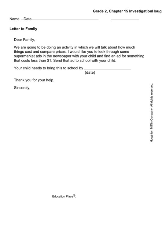 Letter To Family - Ads For Less Than 1 Dollar Printable pdf