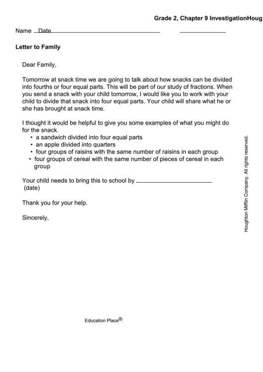 Letter To Family - Snacks Printable pdf