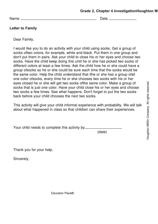 Letter To Family - Sock Activity Printable pdf