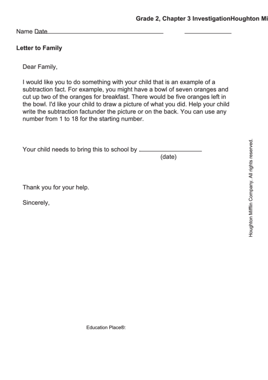 Letter To Family - Subtraction Fact Printable pdf