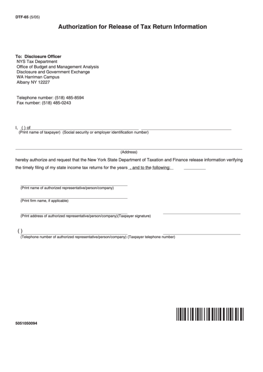 Fillable Form Dtf-65 - Authorization For Release Of Tax Return Information Printable pdf