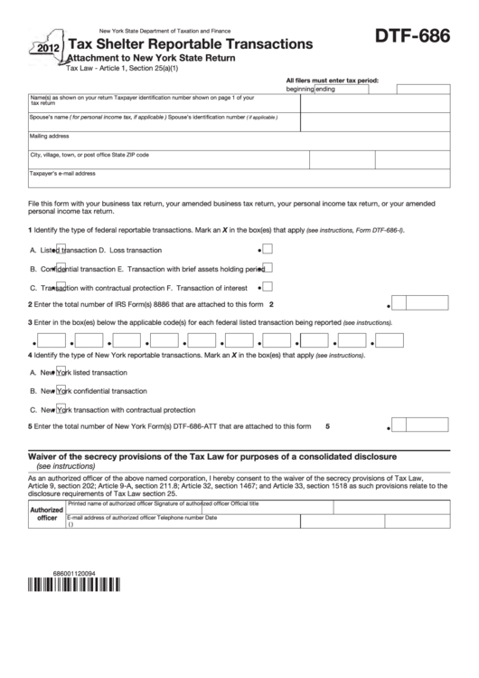 Fillable Form Dtf-686 - Tax Shelter Reportable Transactions - Attachment To New York State Return Printable pdf