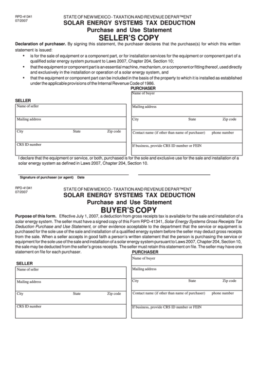 Form Rpd-41341 - Solar Energy Systems Tax Deduction - Purchase And Use Statement - State Of New Mexico Taxation And Revenue Department Printable pdf