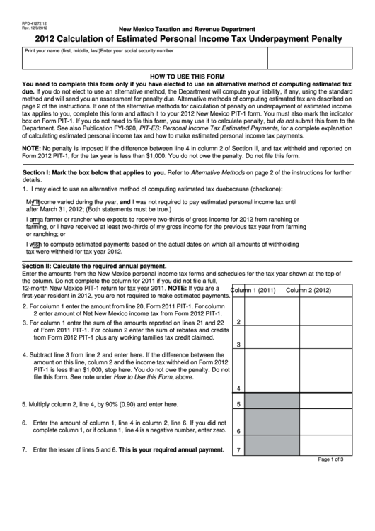 Form Rpd-41272 12 - Calculation Of Estimated Personal Income Tax Underpayment Penalty - State Of New Mexico Taxation And Revenue Department - 2012 Printable pdf