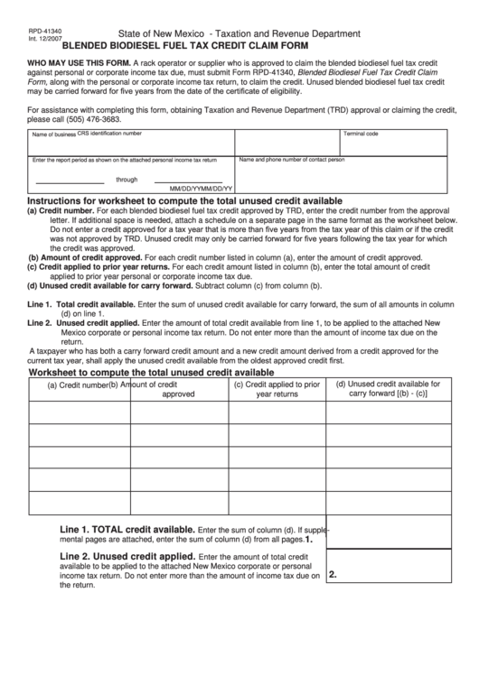 Form Rpd-41340 - Blended Biodiesel Fuel Tax Credit Claim Form - State Of New Mexico Taxation And Revenue Department Printable pdf