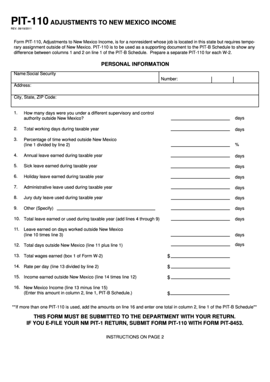 Form Pit-110 - Adjustments To New Mexico Income - New Mexico Taxation And Revenue Department Printable pdf
