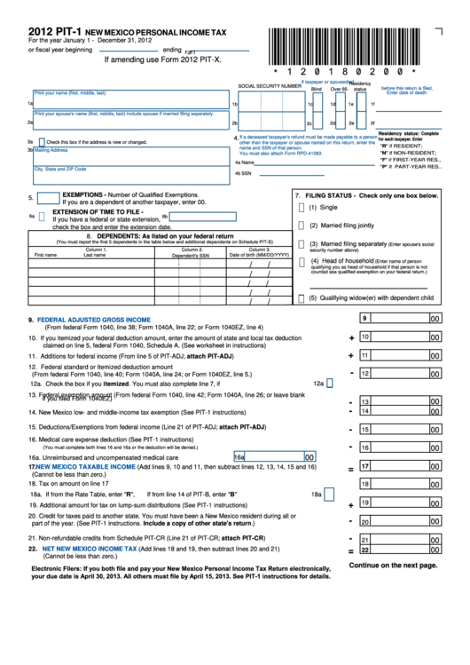 Form Pit-1 - New Mexico Personal Income Tax - 2012 Printable pdf