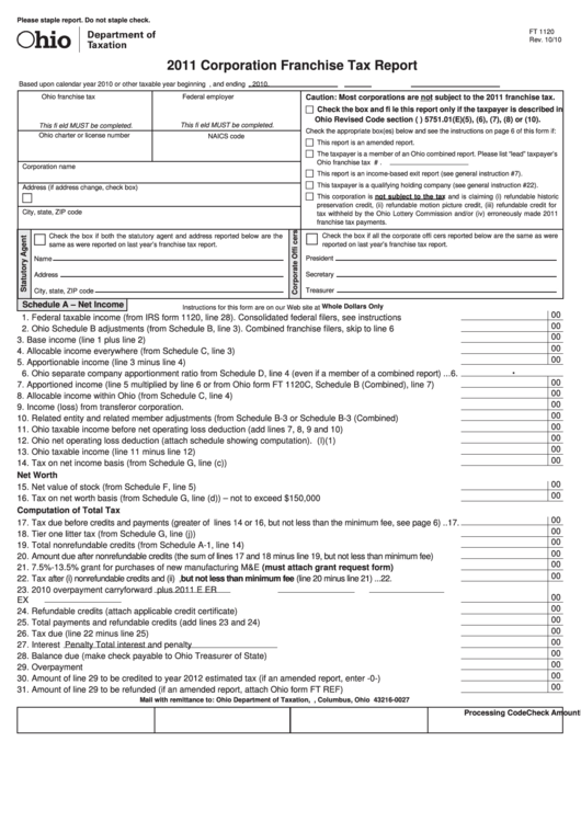 Fillable Form Ft 1120 - Corporation Franchise Tax Report - 2011 Printable pdf