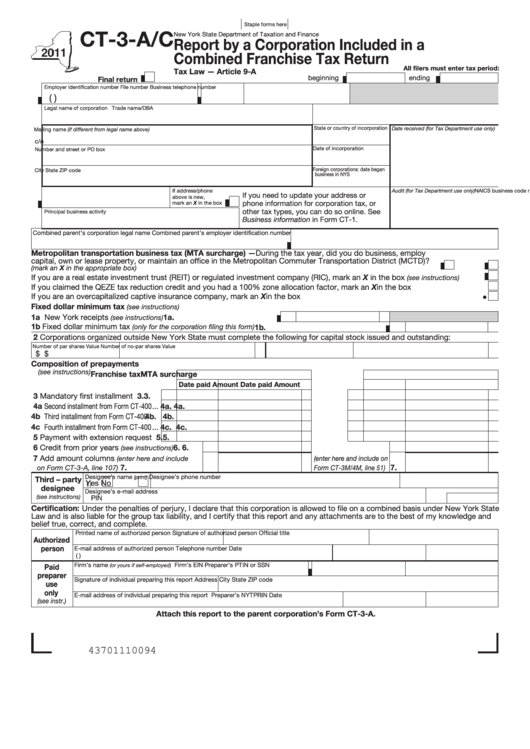 Form Ct-3-A/c - Report By A Corporation Included In A Combined Franchise Tax Return - 2011 Printable pdf