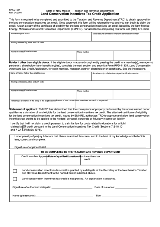 Form Rpd-41335 - Land Conservation Incentives Tax Credit Application - State Of New Mexico Taxation And Revenue Department Printable pdf
