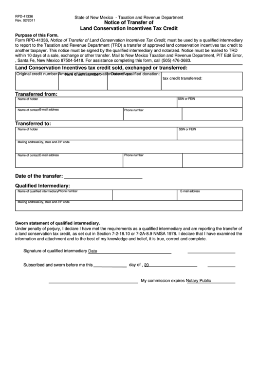 Form Rpd-41336 - Notice Of Transfer Of Land Conservation Incentives Tax Credit - State Of New Mexico Taxation And Revenue Department Printable pdf