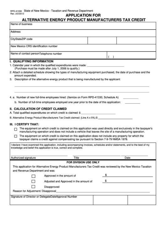Form Rpd-41330 - Application For Alternative Energy Product Manufacturers Tax Credit - State Of New Mexico Taxation And Revenue Department Printable pdf