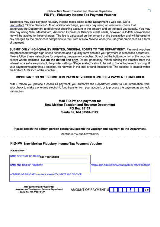 Form Fid-Pv - New Mexico Fiduciary Income Tax Payment Voucher Printable pdf