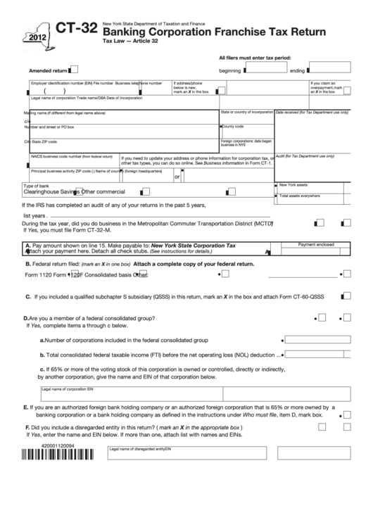 Form Ct-32 - Banking Corporation Franchise Tax Return - New York State Department Of Taxation And Finance - 2012 Printable pdf