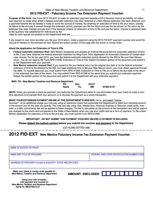 Form Fid-Ext - New Mexico Fiduciary Income Tax Extension Payment Voucher - 2012 Printable pdf