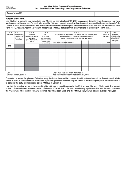 Form Rpd-41369 - New Mexico Net Operating Loss Carryforward Schedule - 2012 Printable pdf