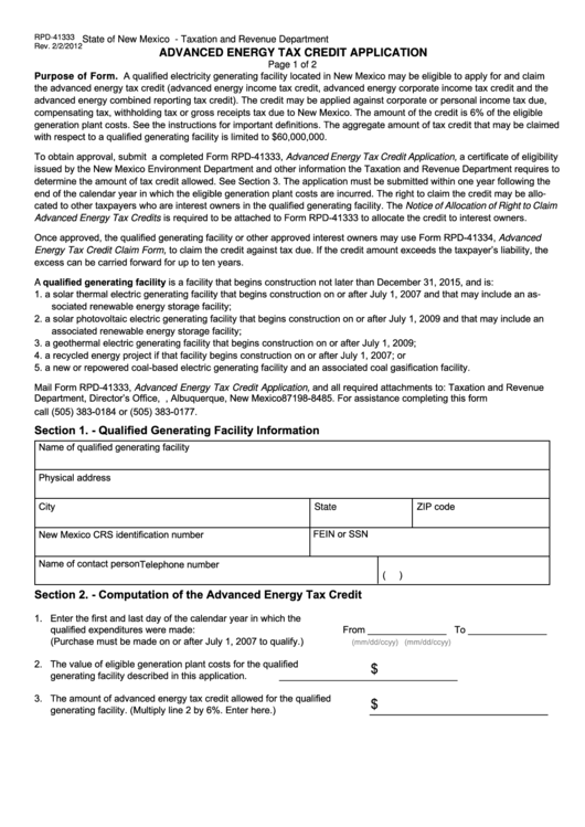 Form Rpd-41333 - Advanced Energy Tax Credit Application - State Of New Mexico Taxation And Revenue Department Printable pdf