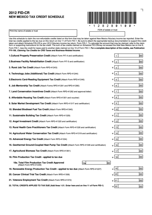 Form Fid-Cr - New Mexico Tax Credit Shedule - 2012 Printable pdf