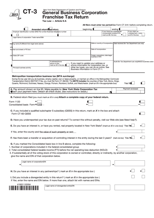 Form Ct-3 - General Business Corporation Franchise Tax Return - New York State Department Of Taxation And Finance - 2012 Printable pdf