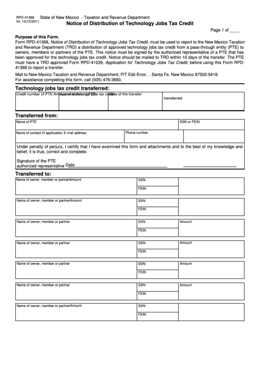 Form Rpd-41368 - Notice Of Distribution Of Technology Jobs Tax Credit - State Of New Mexico Taxation And Revenue Department Printable pdf